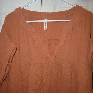NWT Zenana Oversized Raw Edge Gauze V-Neck Top Tunic In Cinnamon Size 3X